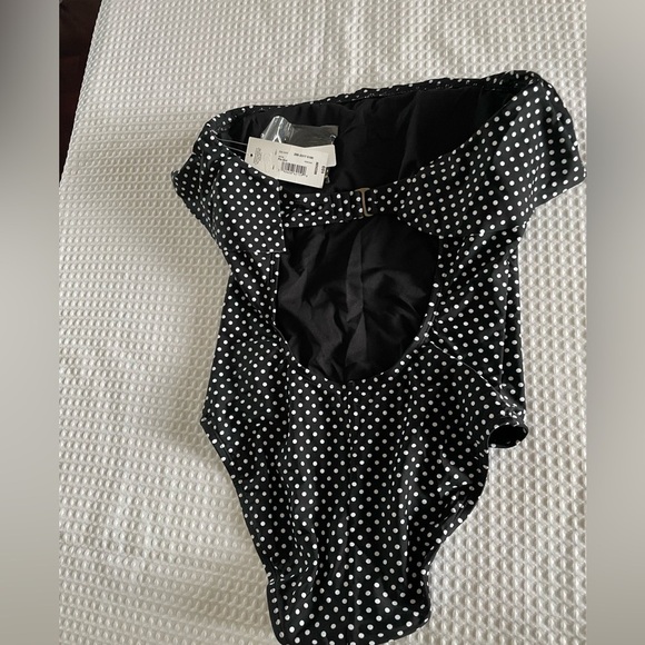 A.N.A. One piece Swimsuit Polka Dot Black & White M Off Shoulder or Halter NWT - Picture 11 of 12
